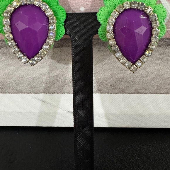 Purple Gem & Green Leaf Statement Earrings - Picture 2 of 3